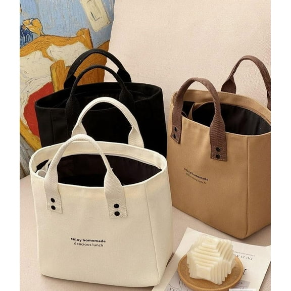 Canvas Solid Color Handbag, Japanese Bento Lunch Box, Office Workers Fashion Bag, Durable Material   Stylish Contrast Color, Versatile Design, For Office Use, Easy Carry Lunch Solution, UKHBMC