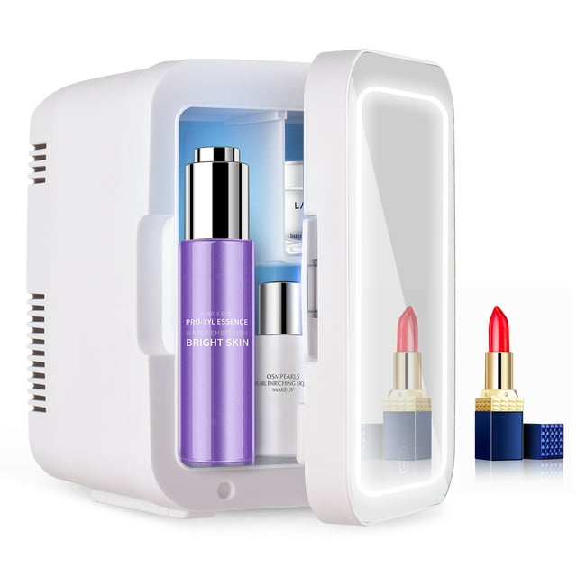 Mini-frigo Portable 4 L avec Porte Miroir en Verre Trempé, Éclairage à Commande Tactile Blanc Chaud à 3 Vitesses, Refroidisseur/chauffe-Portes Simple 48 W à Faible Bruit (40 dB) (Froid 22-25 °C, Chaleur jusqu'à 65 °C), Prise US 110 V, PP