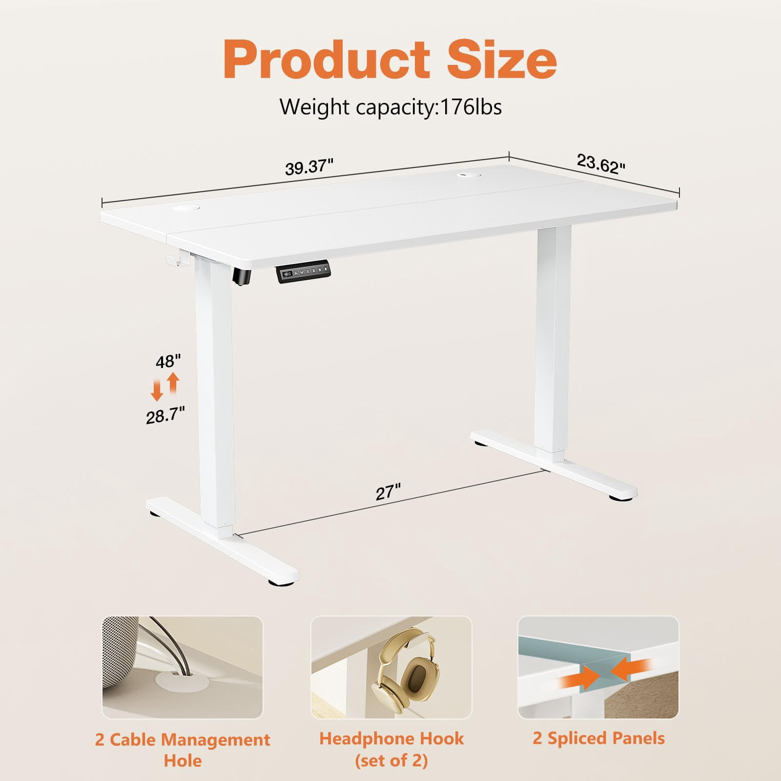 Blazezo Electric Standing Desk with 3 Memory Presets, 40x24 Inch Adjustable Computer Desk 28.7-48 Inch, Quiet Motor Stand Up Desk for Home Office, Ergonomic Workstation with T-Shaped Frame (White)