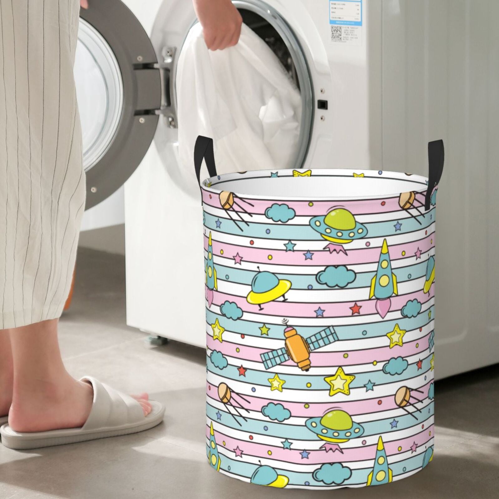 Large Laundry Basket with Handles - Space Doodle Kids Baby Dirty Clothes Laundry Hamper for Bedroom Aesthetic