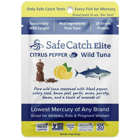 Safe Catch Elite Lowest Mercury Wild-Caught Tuna Pouch Citrus Pepper Seasoned Fish  Gluten-Free  Paleo  Keto  Non-GMO  High Protein Food  2.6oz Packets  Pack of 12