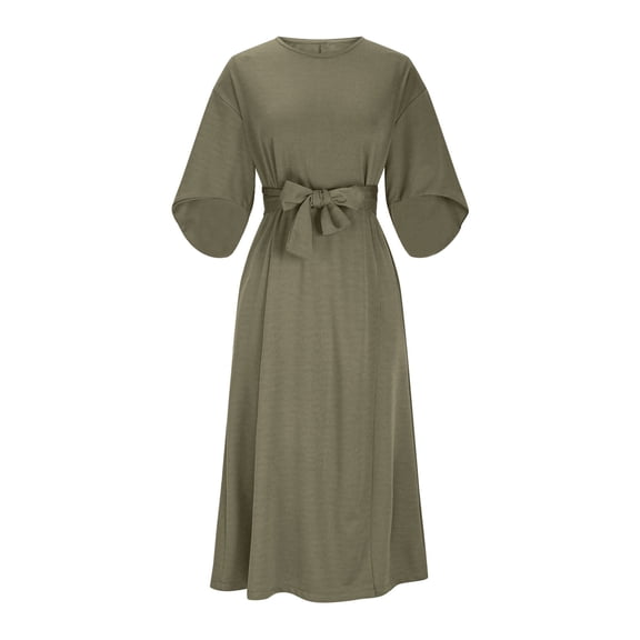 Gfyviroh Women's Casual Dresses Fall 3/4 Sleeve Belted Maxi Dresses Comfortable Plus Size Crew Neck Dress