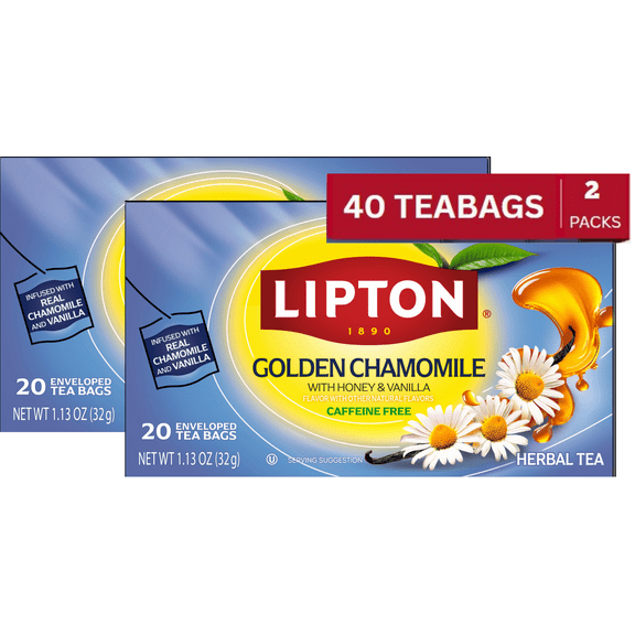 Lipton Golden Chamomile with Honey & Vanilla Herbal Tea Bags, Caffeine-Free, 20 ct Each (Pack of 2, Total 40 Tea Bags)