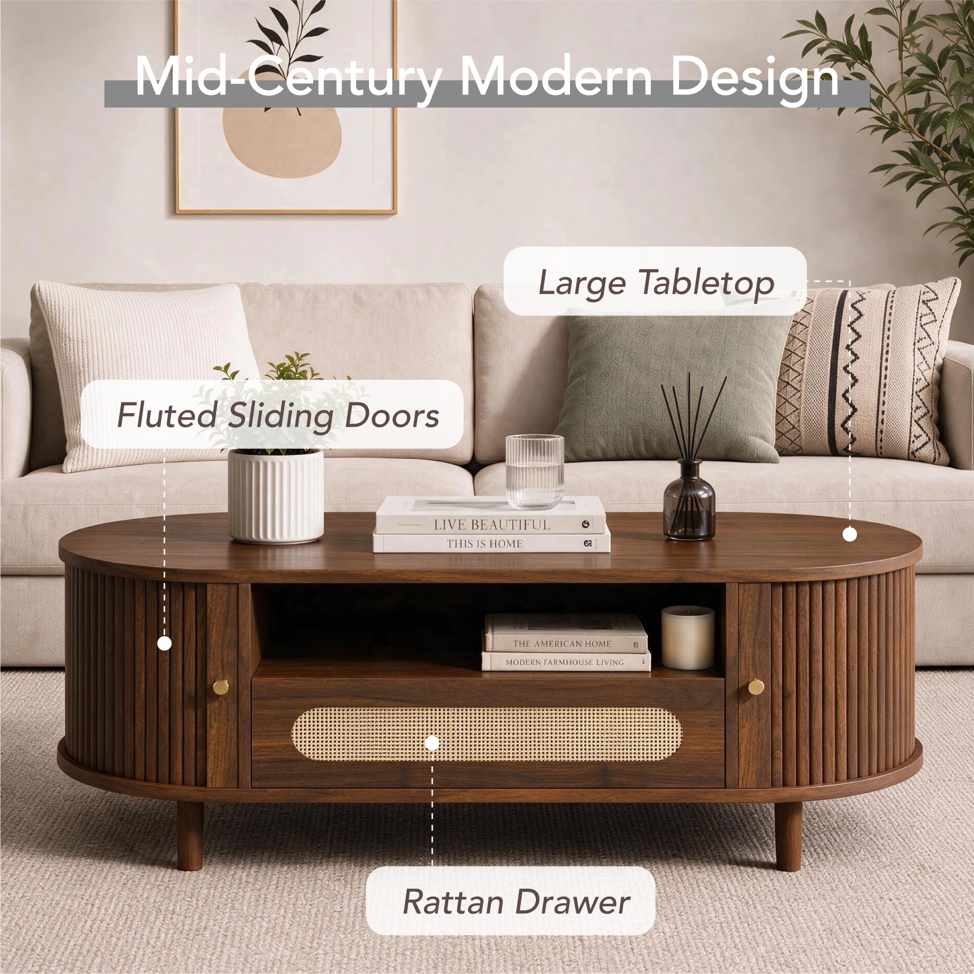 Spruce & Spring 47.2" Mid-Century Modern Rattan Coffee Table with Sliding Doors and Open Storage, Oval Center Table with Rattan Drawer, Solid Wood Legs for Living Room, Walnut