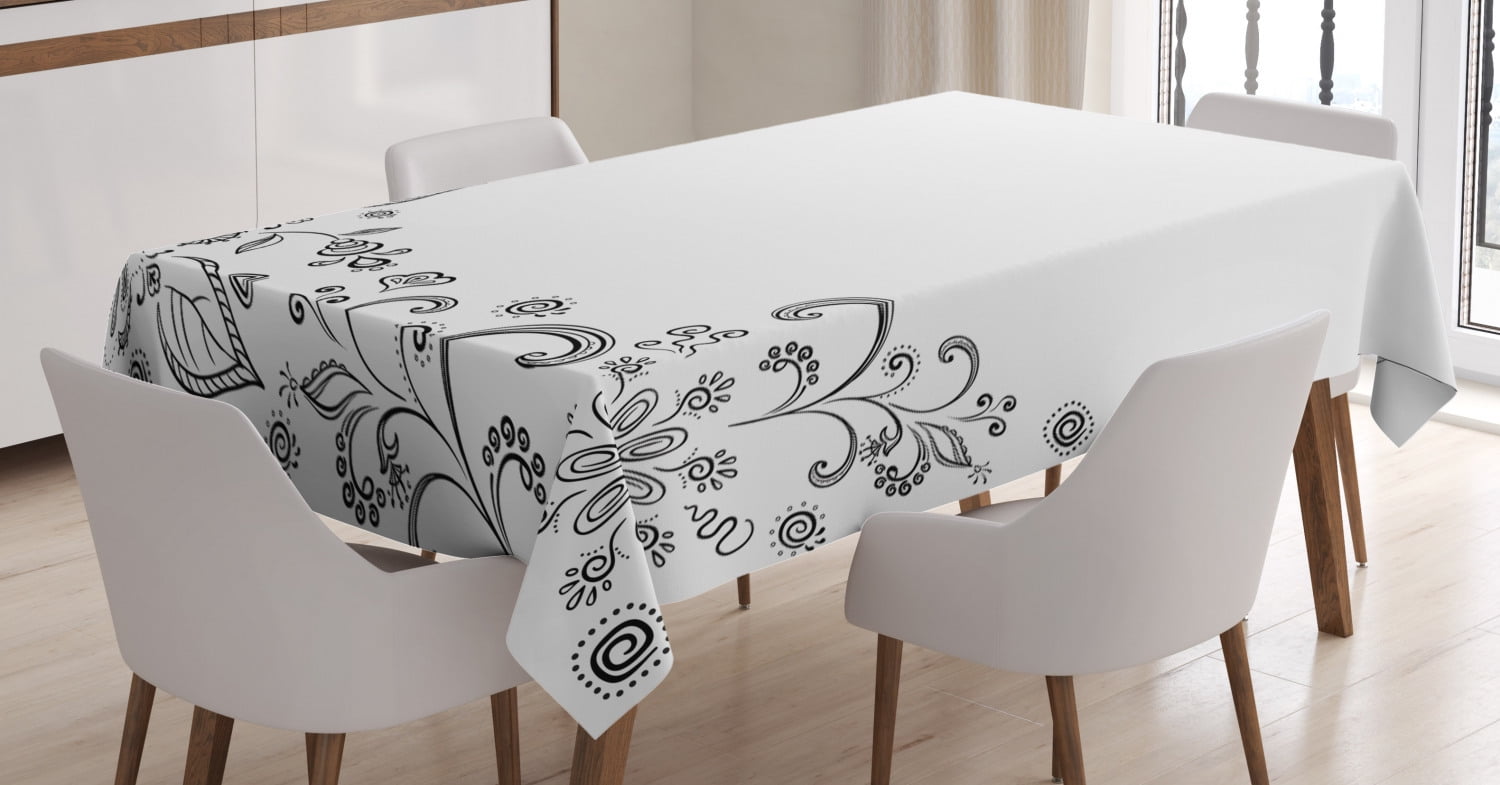 Black and White Tablecloth, Monochrome Floral Framework Herbs Swirled