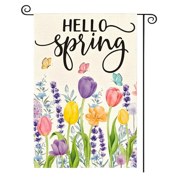 XIBUFE Tulip Lavender Hello Spring Garden Flag,11.8 x 18 in Linen Farmhouse Yard Flags,Double-Sided HD Coloral Print,Seasonal Vibrant Garden Flags for Outside