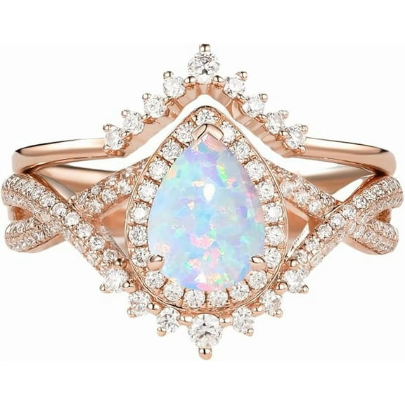 Divine Creation 2.00 Ct Pear Cut Fire Opal Wedding Engagement Bridal Ring Set 14K Rose Gold Plated 925 Sterling Silver For Women's -4