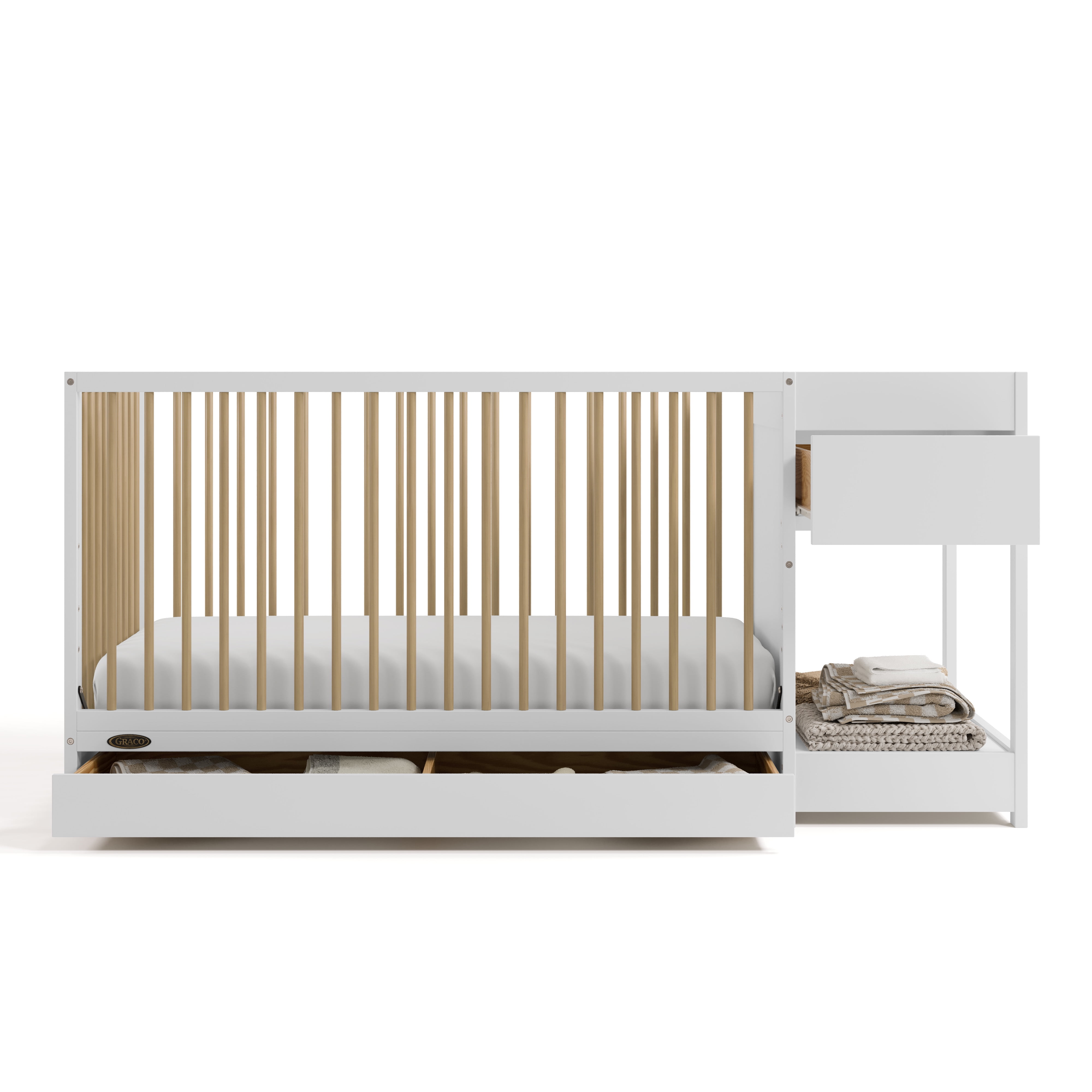Graco Teddi 5-in-1 Convertible Baby Crib and Changer with Drawer, White with Driftwood