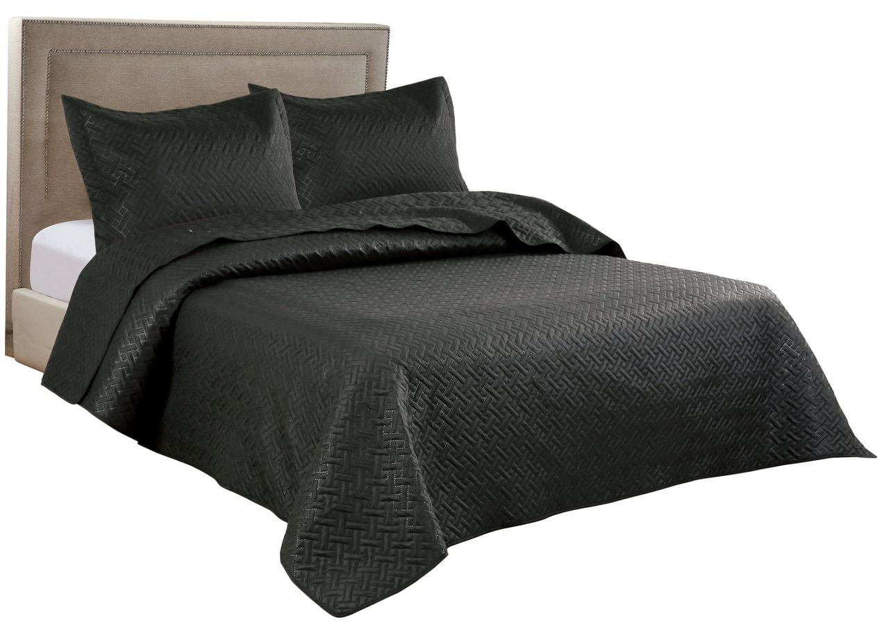 Legacy Decor 3 Pcs Squared Stitched Pinsonic Reversible All Season Bedspread Quilt Coverlet Oversized Queen Size Black Color, All Ages.