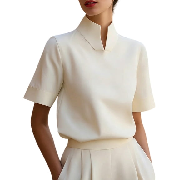 LEKODE Women Stand Split Collar Short Sleeve Blouse, Elegant Solid Color Work Office Casual Dress Shirt Top Basic Tees Boho Summer Tops Beige L