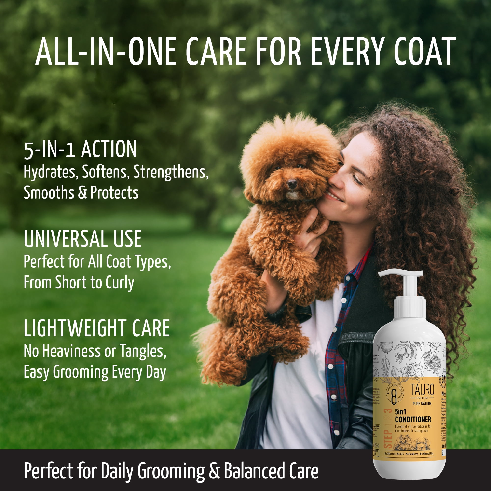 Tauro Pro Line 5in1 Dog Conditioner Detangler, Moisturizing Pet Wash for Dry Skin Daily Care, Gentle Cat & Puppy Conditioner (13.5 Fl Oz)