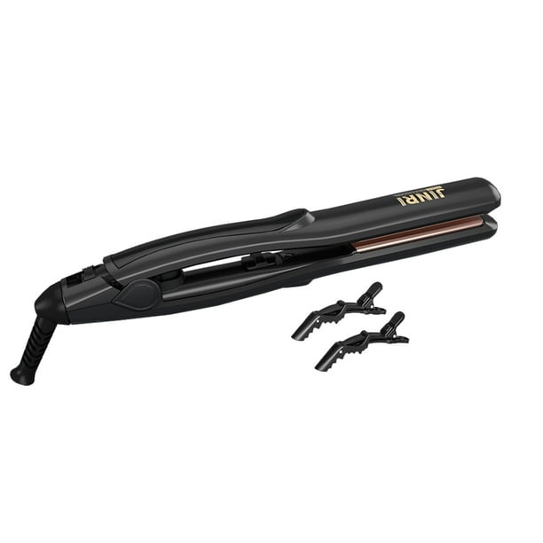 Plancha de pelo JINRI con placas de titanio Mini plancha plana de 0,8 pulgadas Plancha de pelo de tamaño de viaje perfecto Doble voltaje (100-240 V) Negro