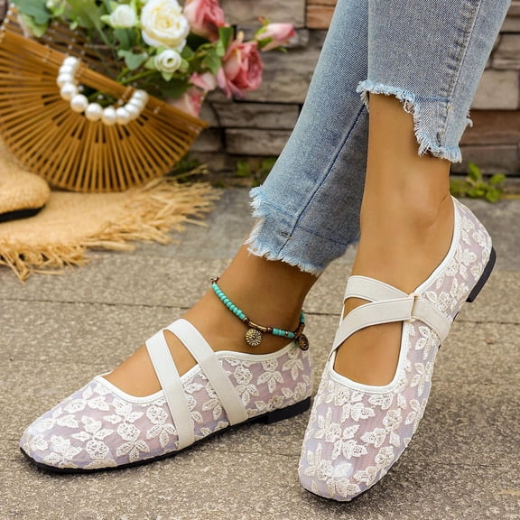 XUNKUSGA Ballet Flats Fashion Lace Mesh Embroidered Floral Dress Shoes Classic Round Toe Crisscross Strap Slip On Shoes Women Breathable Summer Womens Flats,Beige,5.5