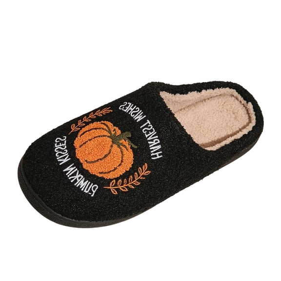 Fengactive Womens Closed Toe Clog Slippers Pumpkin Embroidery Plush Fleece Lining Warm Comfortable Fall Harvest Slippers
