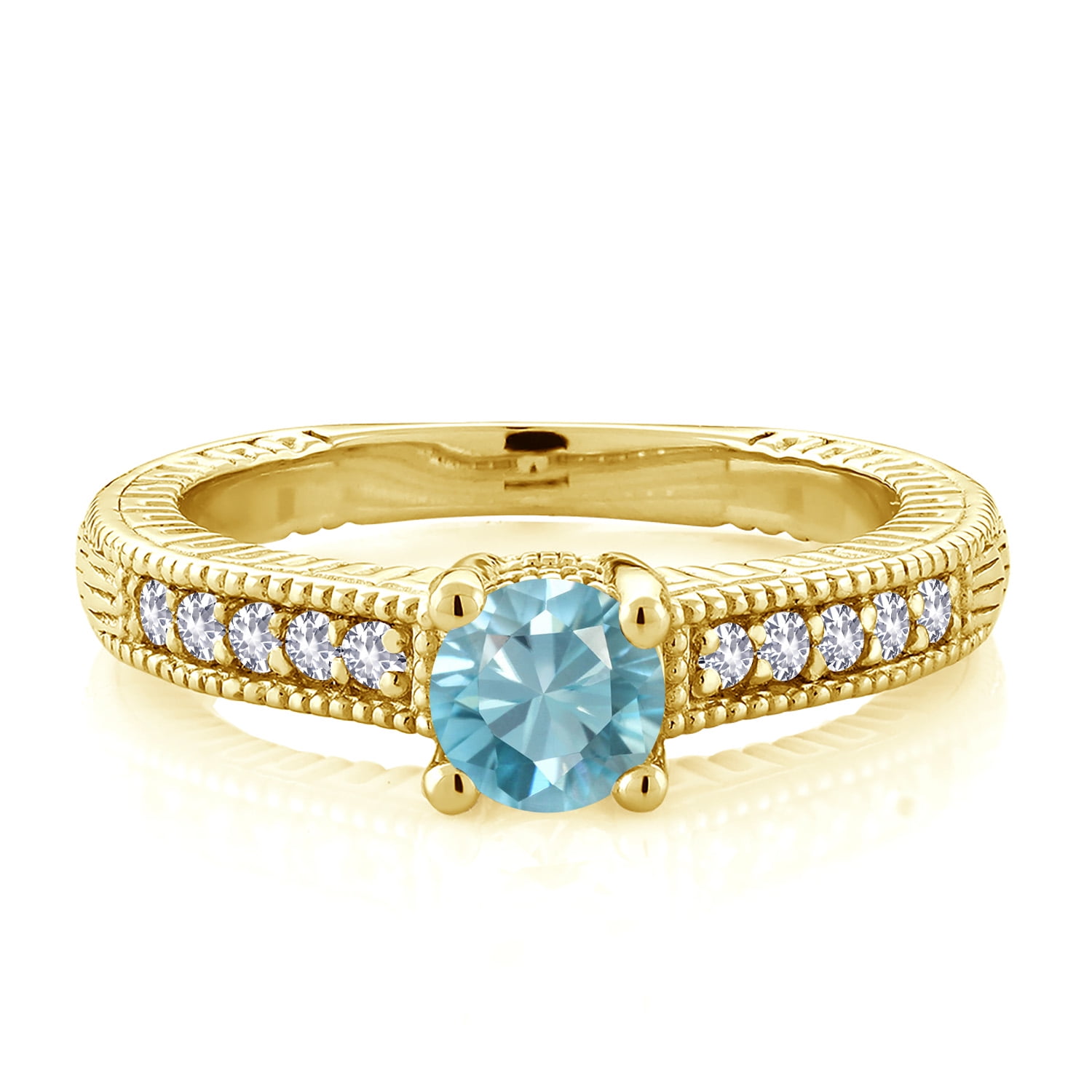 Gem Stone King 18K Yellow Gold Plated Silver Blue Zircon and White Created Sapphire Women's Solitaire Ring with Accent Stones (1.00 Cttw, Round Shape 5MM, Size 7)