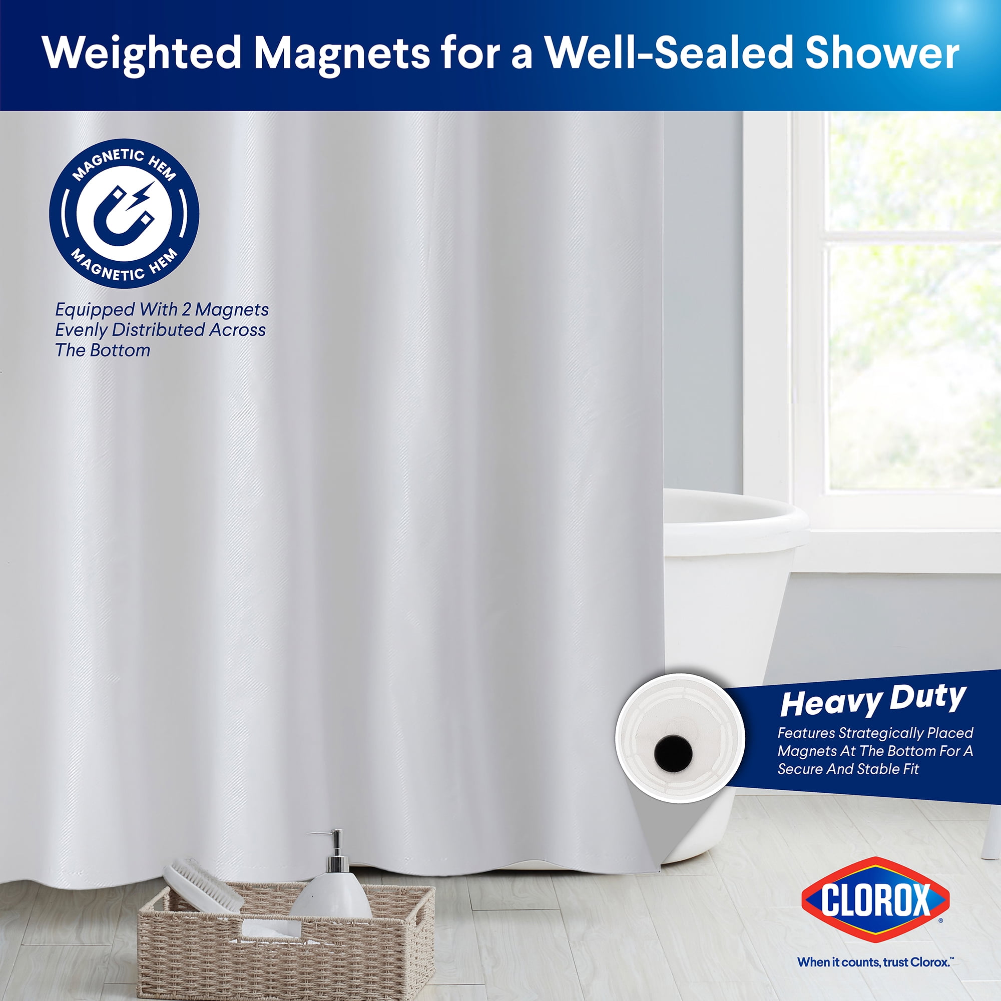 Clorox 100% Polyester Shower Curtain Set with Waterproof PEVA Liner and 12 Metal Hooks (White)