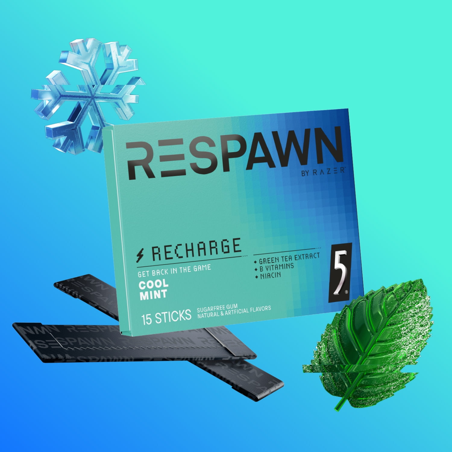 Respawn Cool Mint Sugar Free Mental Focus Chewing Gum - 15 Pieces