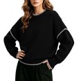 thumbnail image 5 of Tqcoqu Sweaters for Women Crewneck Long Sleeve Contrast Cable Knit Tops, Solid Loose Fit Casual Pullover Sweaters, Oversized Stitching Fall Clothes Outfits, 5 of 6