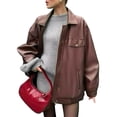 thumbnail image 2 of Womens Leather Jackets Faux Suede Fall Motorcycle Coats Fashion Winter Outfits Clothes Y2k Tops Coffee Color M, 2 of 9