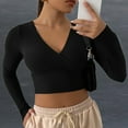thumbnail image 3 of RQYYD Women's Deep V Neck Long Sleeve Cross Wrap Front Crop Tops Casual Slim Knitted Pullover Sweater Ribbed Short Tops Black XL, 3 of 9