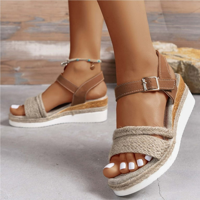 BLTIBY Summer Sandals for Womens Fish Mouth Belt Buckle Roman Hollow Female  Open Toe Thick Heel Slop Heel Shoes Fashion Brown 37