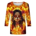 thumbnail image 5 of Tops for Women Plus Size Day Of The Dead Printed 3/4 Sleeve Round Neck Three Quarter Sleeve T-shirt Loose Round Neck Top Multicolor3 XXXL, 5 of 5