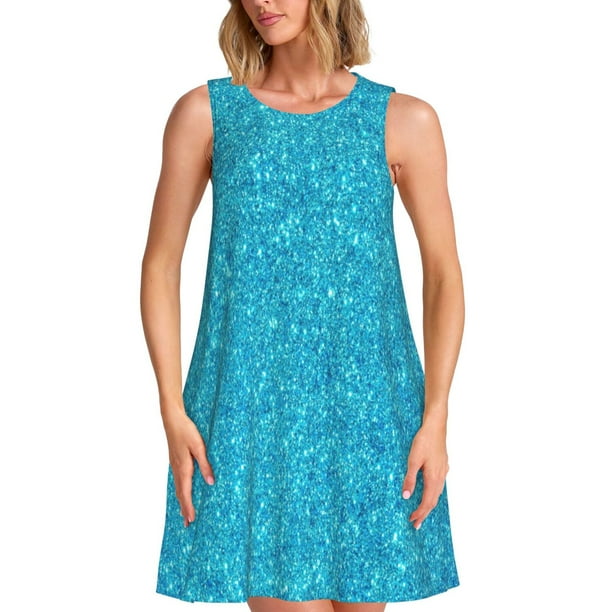 Fotbe Blue Glitter Vestido de Verano sin Mangas para Mujer – Vestido Midi Línea A, Estilo Camiseta Floral, Vestido Playero Casual y Fluido