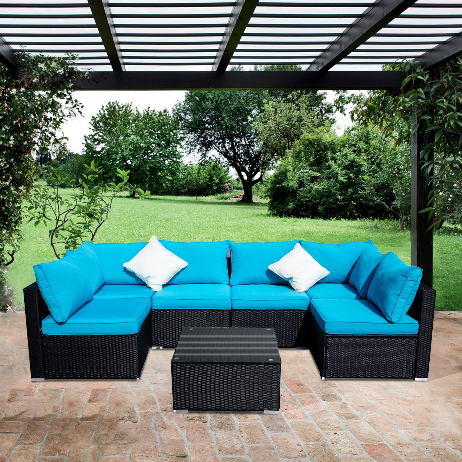 Ainfox 7 PCs Patio Furniture Sectional Wicker Sofa Set Outdoor Rattan