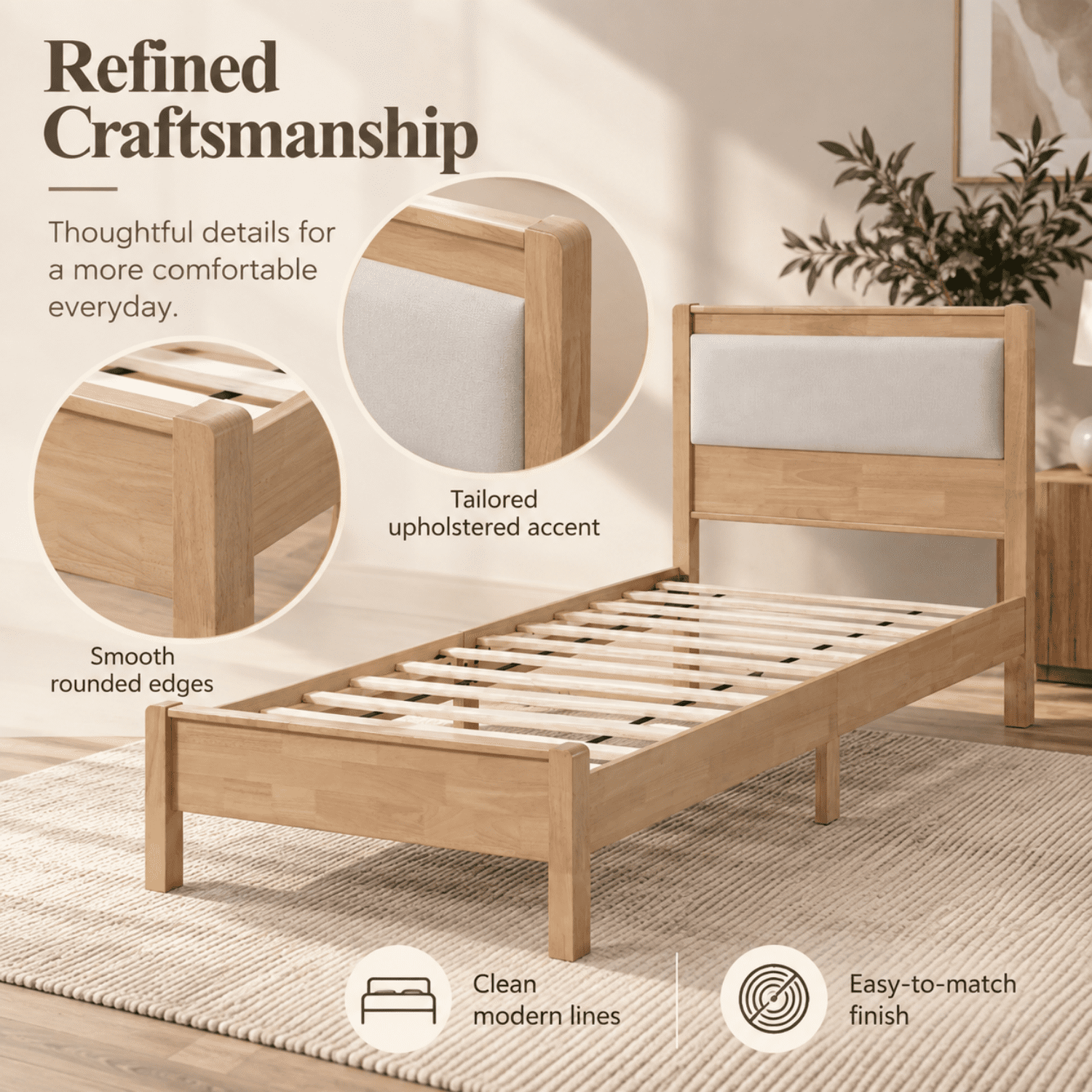 Miniyam Twin XL Rubberwood Platform Bed Frame with Padded Upholstered Headboard, Natural