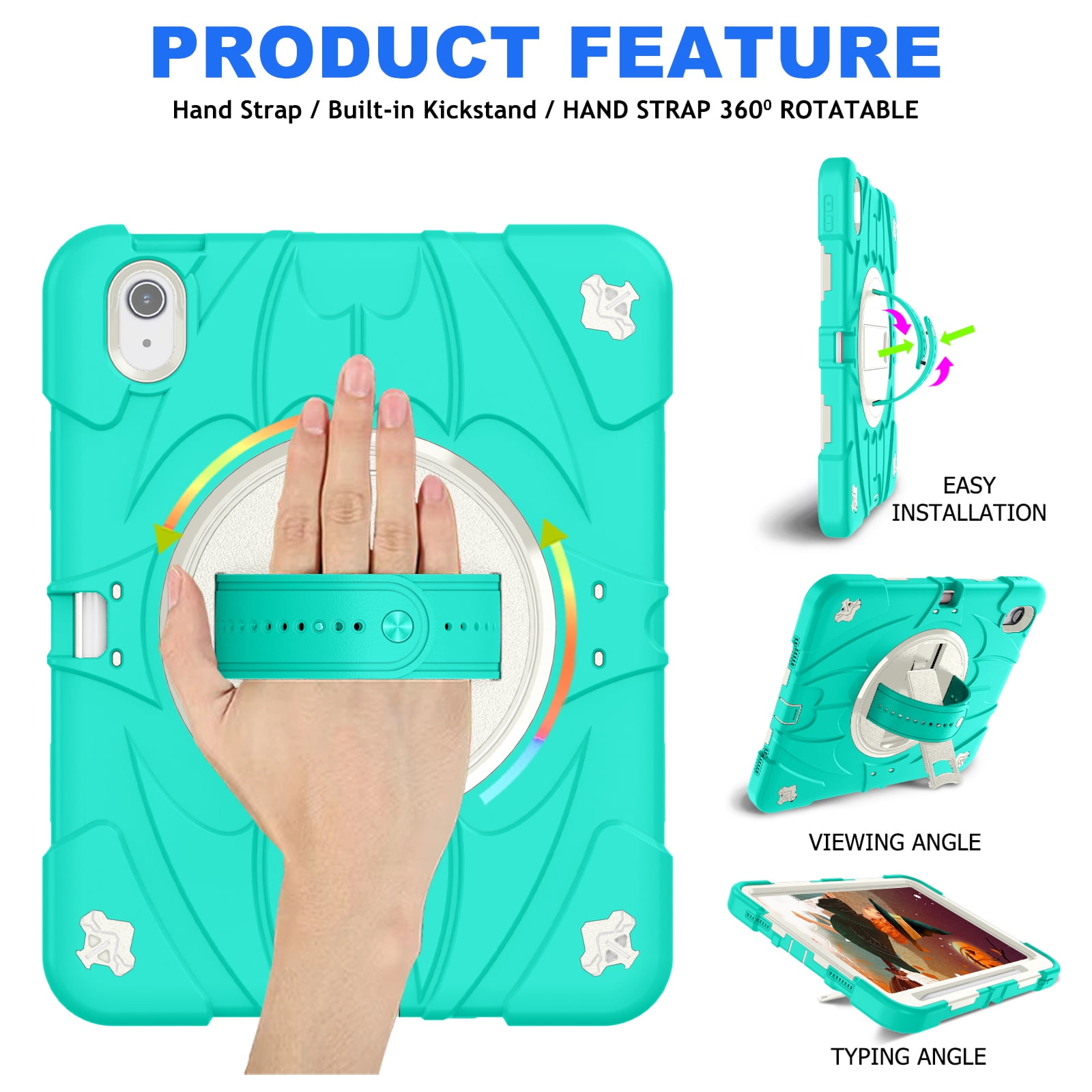 ELEHOLD Case for Apple iPad 10th Gen, Heavy Duty Shockproof Case with Pencil Holder/Stand/Hand Strap/Shoulder Belt, Rugged Protective Cover for Boys Girls,Mint
