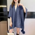 thumbnail image 4 of Zpanxa Winter Coats for Women Poncho Cape with Pom-pom Trim Casual Warm Wrap Navy Free Size, 4 of 5