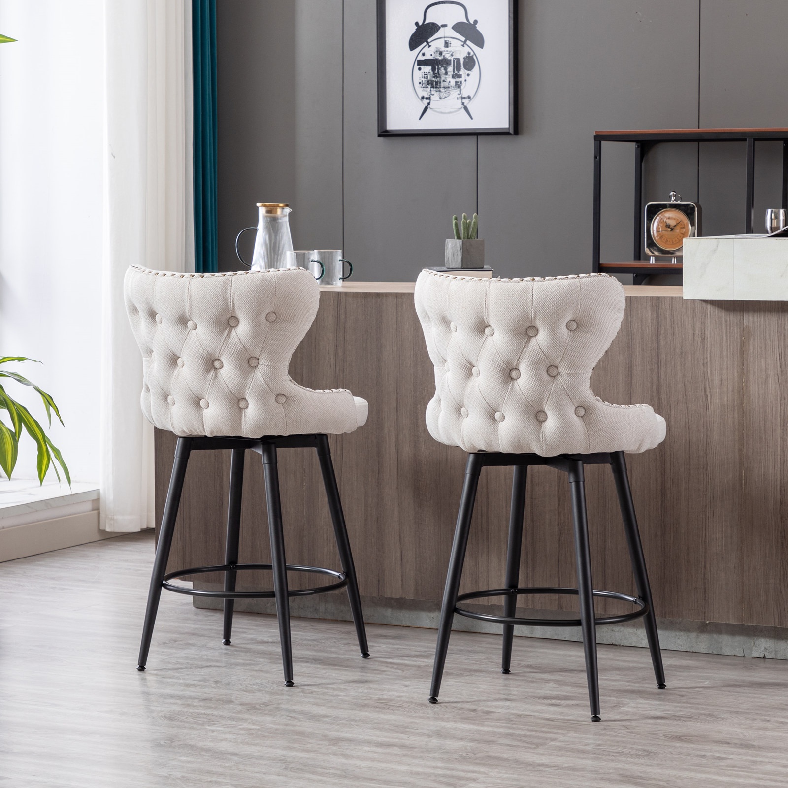 PORKISS Bar Stools Set of 2, 180° Swivel Bar Stool Chair, Modern Linen Bar Chairs for Home and Kitchen Counter, Beige