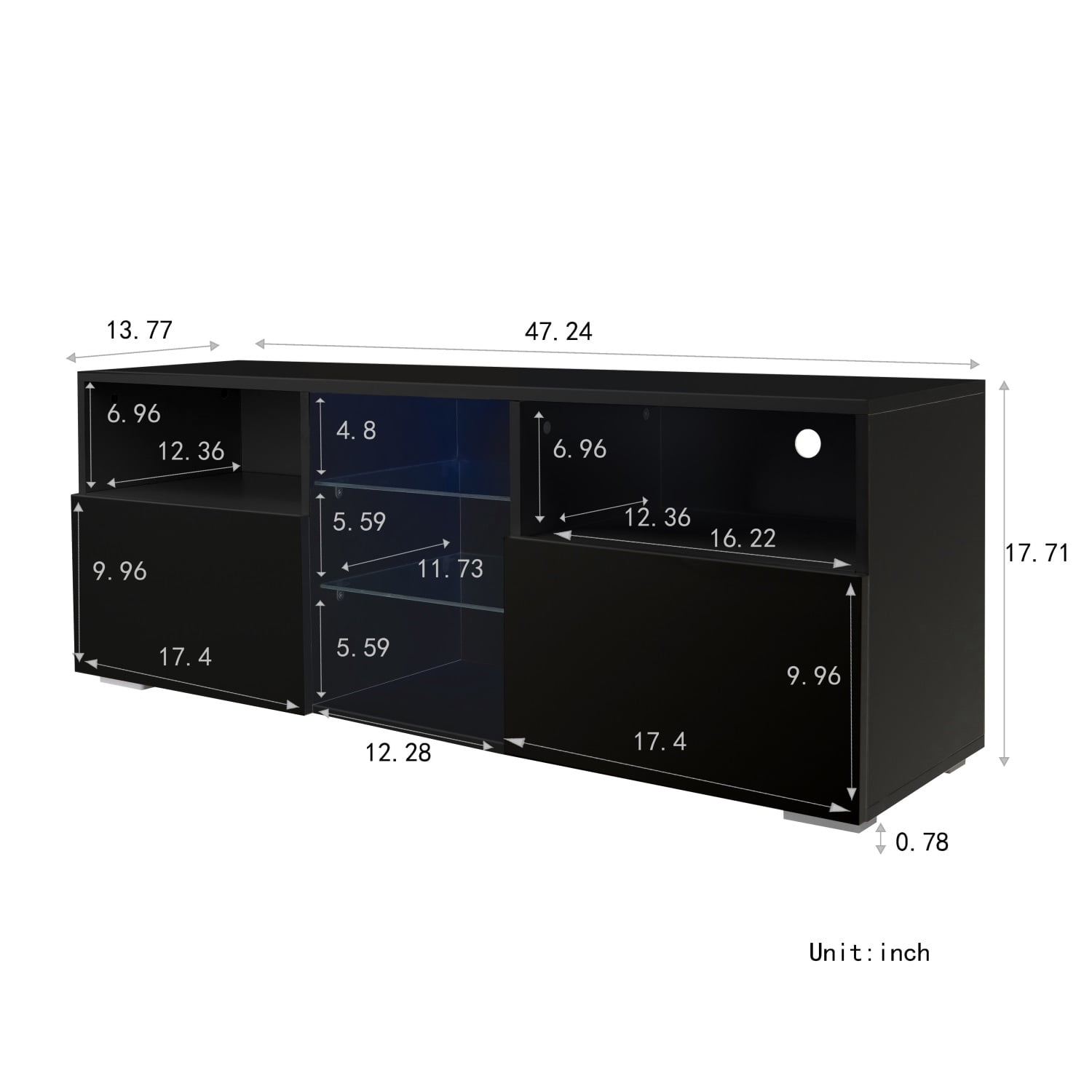 Kadyn Modern High-Gloss TV Cabinet, MDF Minimalist TV Cabinet with 20 colors LED Lights and 2 Drawers, Entertainment Center TV Console for TVs up to 55", Black
