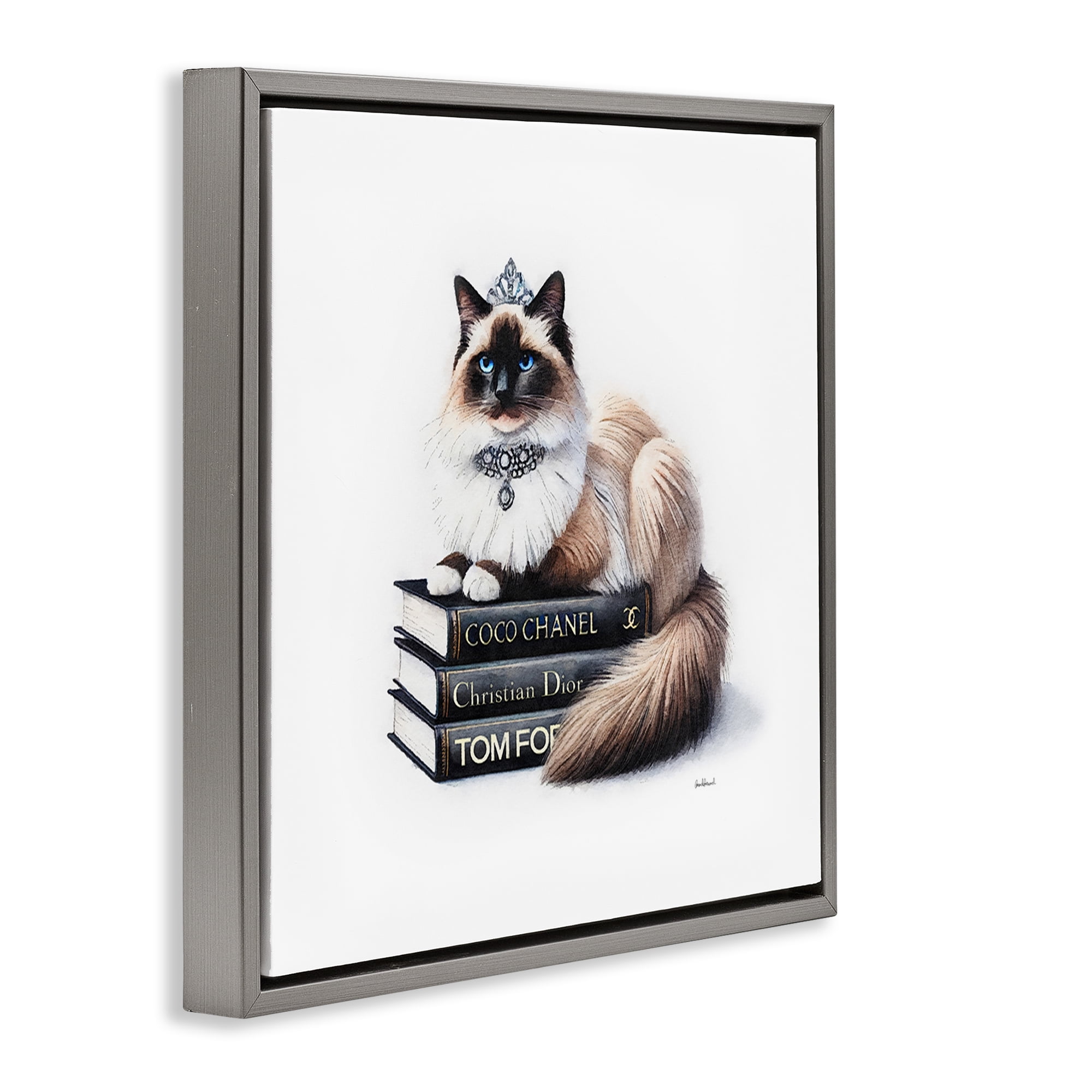 Stupell Industries Elegant Glam Cat & Books Animals Painting Gray Floater Framed Canvas Art Print Wall Art, 25 x 25