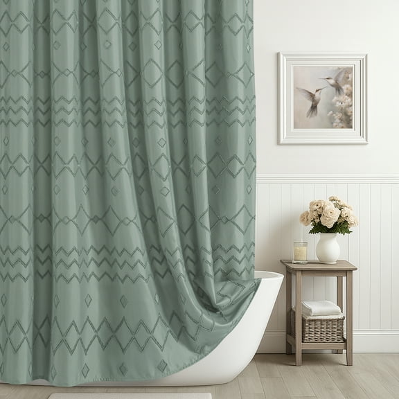 Seasonwood Boho Fabric Shower Curtain Green Striped Polyester Bathroom Shower Curtains with 12 pcs Hooks,72" x 72"