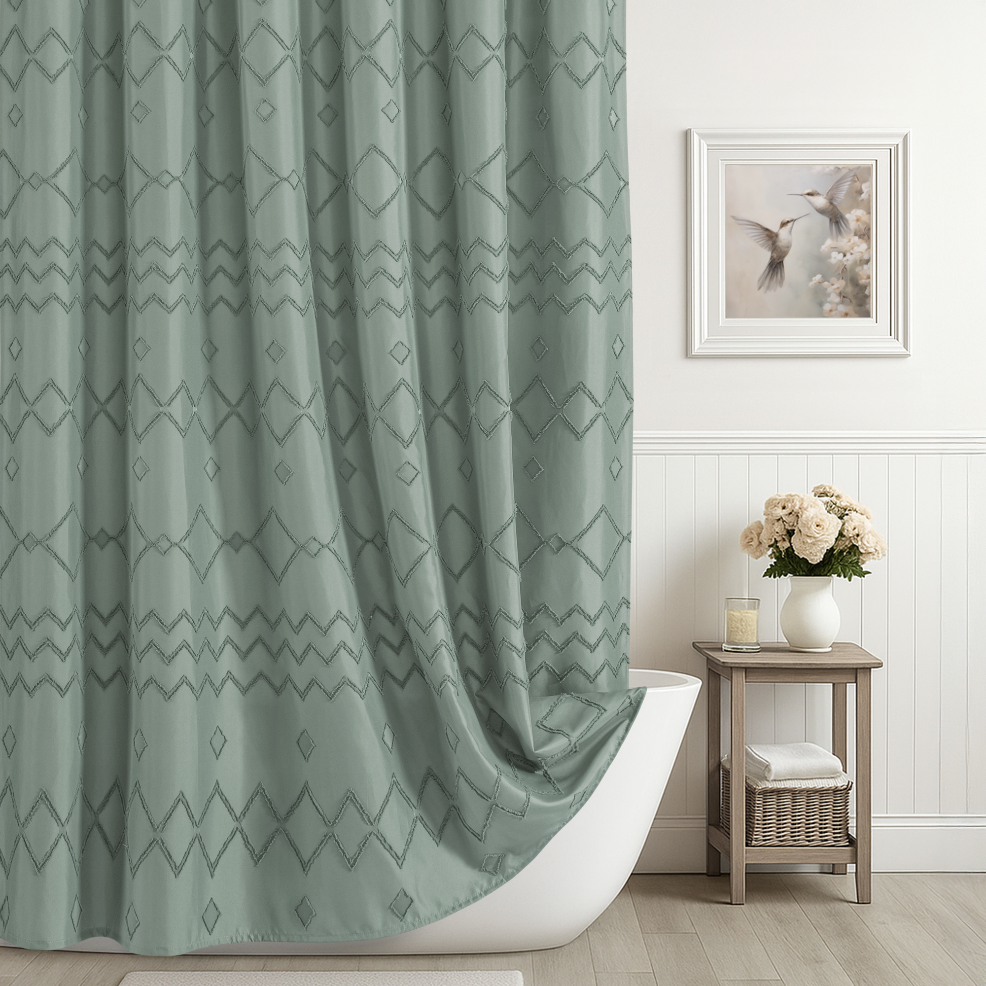 Seasonwood Boho Green Striped Fabric Shower Curtain with Hooks photo 1