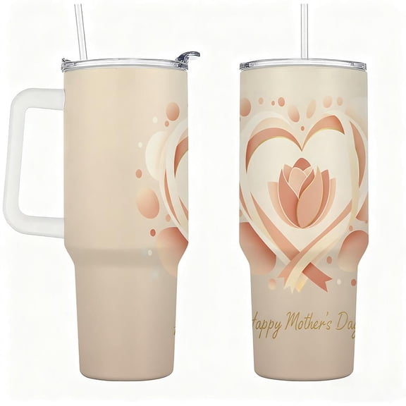 Stainless Steel Insulated Tumbler with Lid and Straw, Happy Mother’s Day Heart Floral Design, Double-Wall Travel Cup for Hot & Cold Drinks
