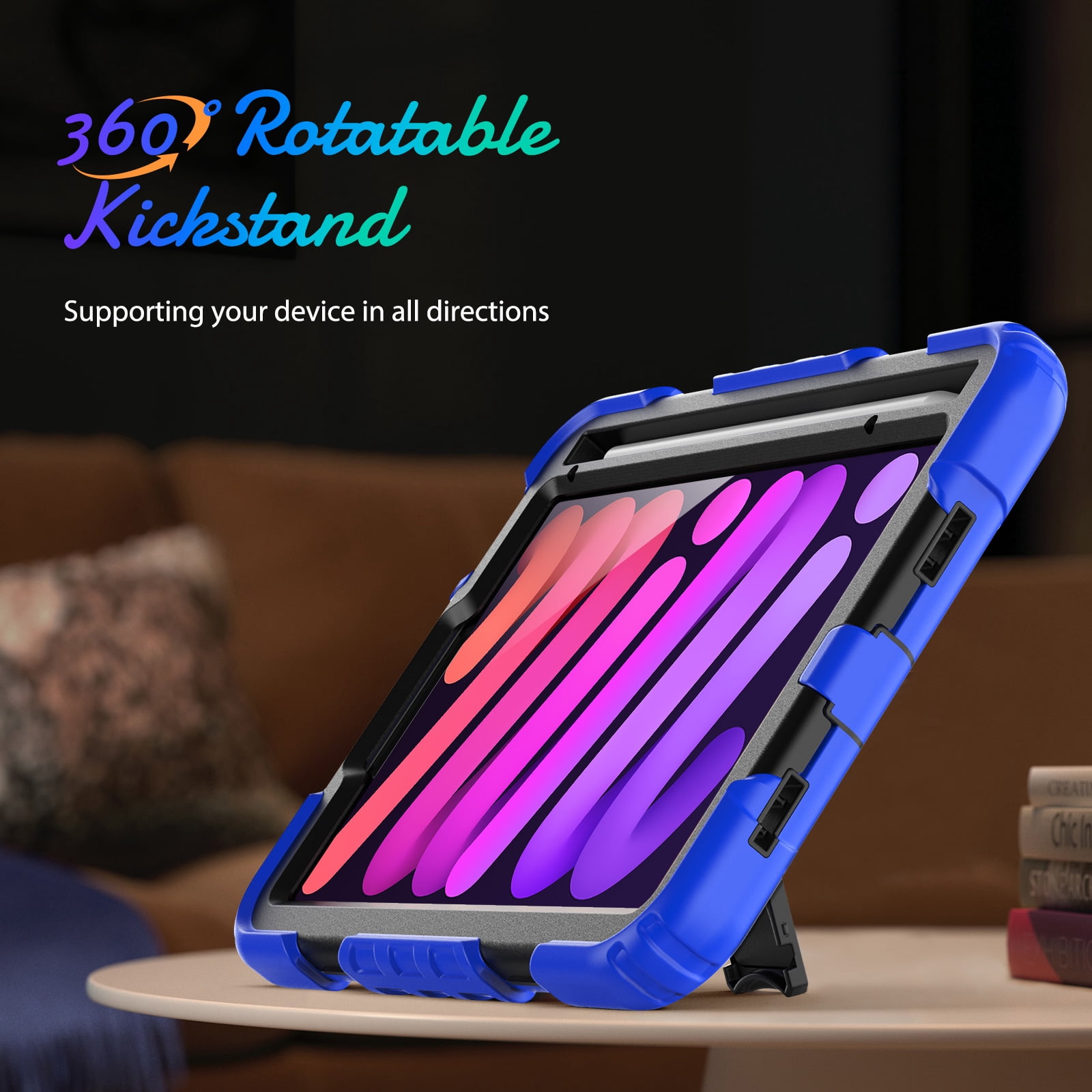 Shockproof Case for Apple iPad mini 6 /7 8.3" with Build In Screen Protector, Rugged Rotating Stand Shoulder Strap Pencil Holder Kids Friendly Bumper Case for Apple iPad mini 6/ Mini 7, Blue