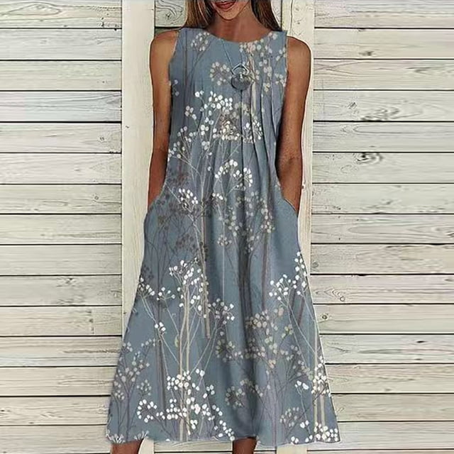 SMihono Robe Bohème d'Été pour Femmes Grande Taille Mode Robe Sans Manches à Col en V Décontractée à Imprimé avec Poches pour Femmes Printemps Été
