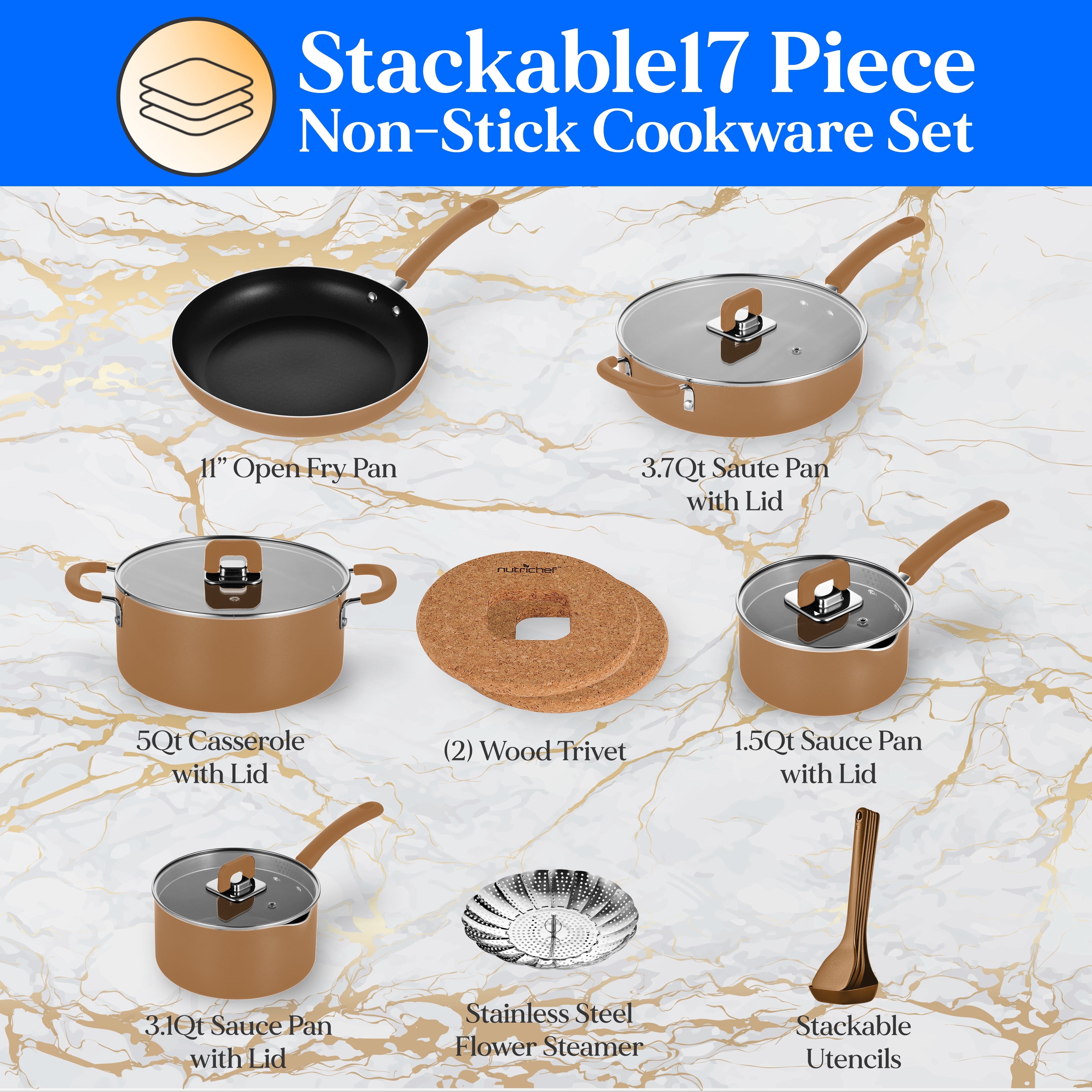 NutriChef 17 Piece Non-Stick Cookware Set, Pots & Pans with foldable Knob, Space Saving, Stackable, Nylon Tools Set, Induction Base, Brown