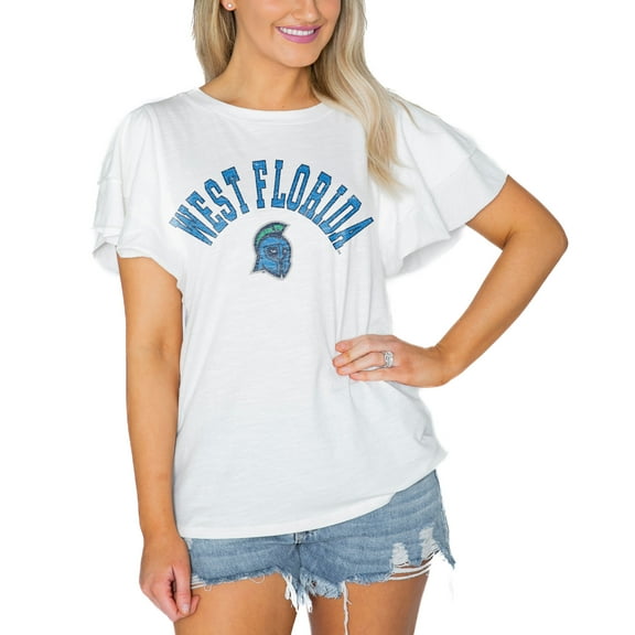 Women's Gameday Couture White West Florida Argonauts Arch Logo Flutter Sleeve Lightweight T-Shirt