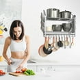 thumbnail image 6 of 28 Inch Pot Rack Wall Mounted, 2 Tier Pots and Pans Organizer with 20 Hooks and 6 Pot Lid Holders, Heavy Duty Steel Pot and Pan Hanger for Kitchen Cookware Utensils Storage, Silver, 6 of 14