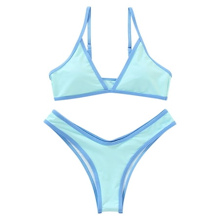 Brondbend Swimsuit for Women 2025 Solid Color Deep V-Neck Spaghetti Straps Swimsuit Sets Sexy Low-Rise Thong Bottom Two Piece Bikini with Pad Slim Fit Womens Fashion for Casual Up to 45% off Blue S
