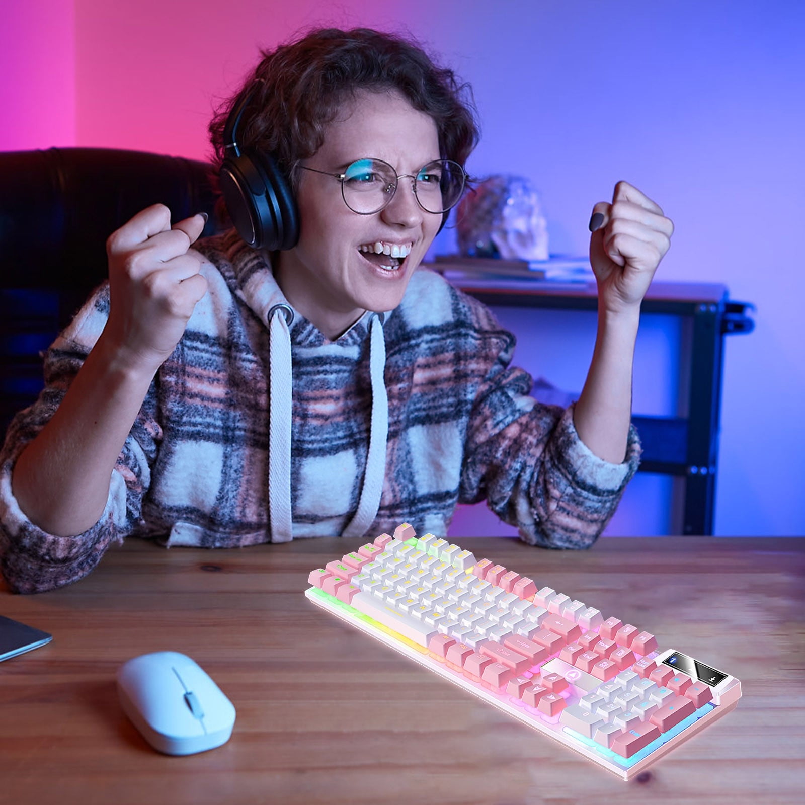 Gaming Keyboard USB Wired, Floating Ergonomic Mechanical Feeling Keyboard, Dual-Color Mixed Light Backlit for Desktop Computer
