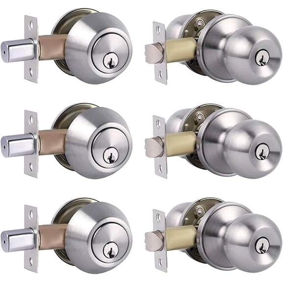 Single Cylinder Deadbolt Lock and Door Knob with Lock, Keyed Alike Door Locks for Front Door(Satin Nickel,3pack-Set)
