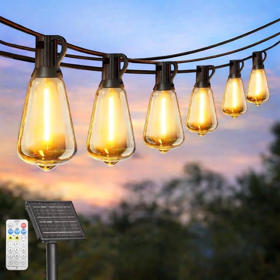Solar String Lights Outdoor with Remote & Timer, LED Shatterproof ST38 Bulbs, USB & Solar Patio Lights for Backyard, Porch, Garden, Wedding, Christmas Decor (25FT)
