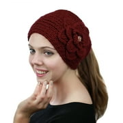 NYFASHION101 Stone Accent Hand Knitted Flower Winter Headband Headwrap - NAG15Y, Burgundy