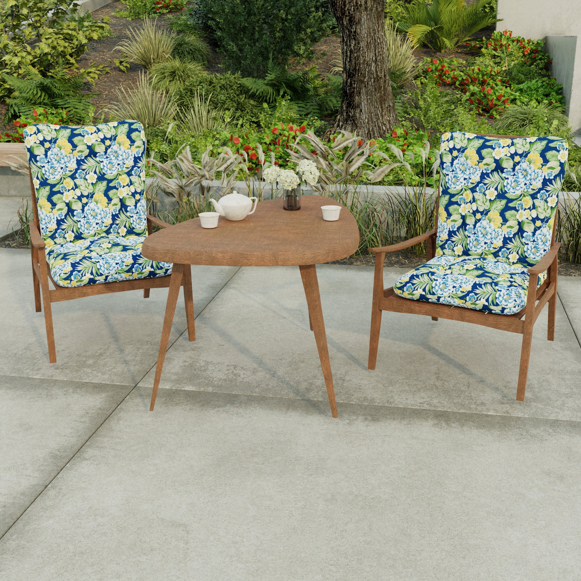 Jordan Manufacturing 38" x 21" Binessa Lapis Blue Floral Rectangular Outdoor Wrought Iron Chair Cushion with Ties and Hanger Loop