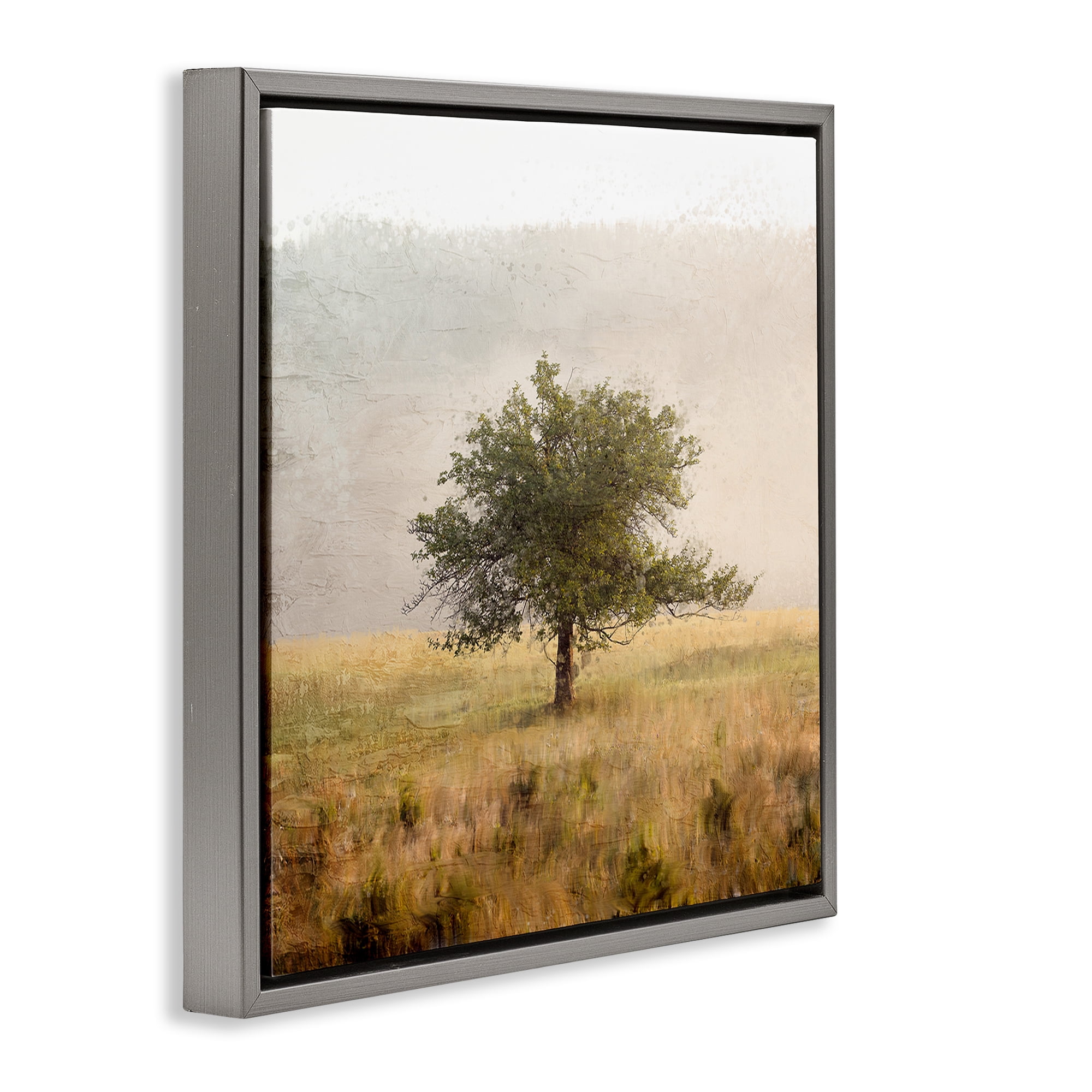 Stupell Industries Tree Alone in Golden Field Gray Framed Floater Canvas Wall Art, design by Anne Bailey