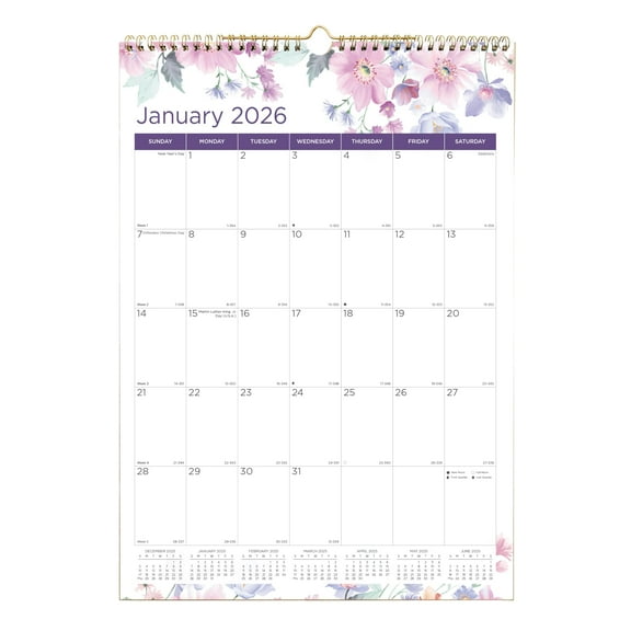 12-Month (Jan to Dec): 2026 12 in. x 17 in. Passion Floral Artwork Colorful Wall Calendar - White/Multicolor Sheets